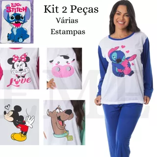 kit 2 Pijamas De Frio Feminino Manga Longa Adulto Confortável Sueli
