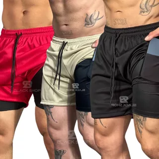 KIT 3 Bermuda Short 2 em 1 RUN Dry Fit Academia Masculina Treino Corrida Com Elastano