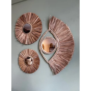Decoração Boho Chic Praia 3 Espelhos Redondos Palha Natural Composição de parede