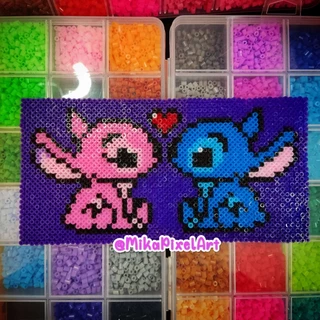 ímã Casal Stitch e angel em Pixel Art