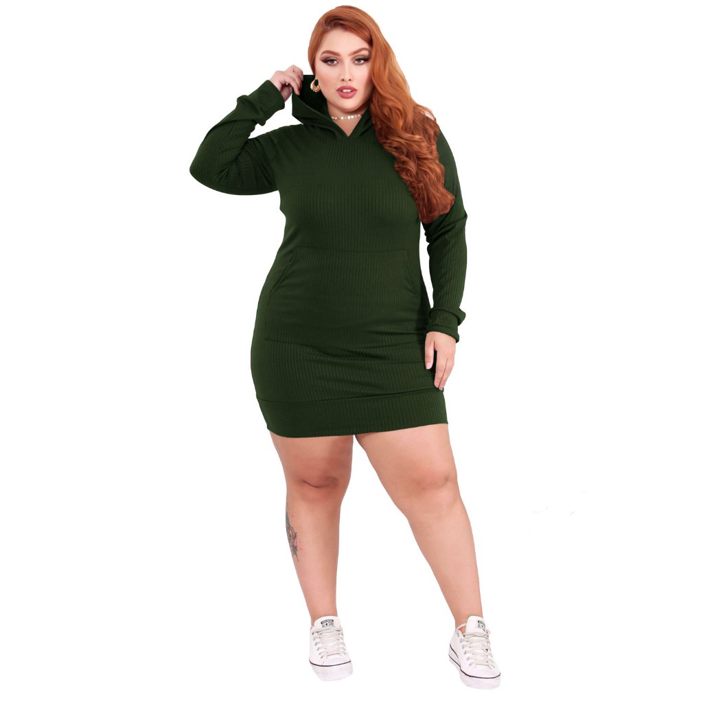 Vestido de Inverno Feminino Plus Size Curto Canelado Manga Longa