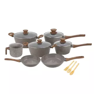 Conjunto Panela Cerâmica Cinza Revestida Tampa Jogo 10Peças