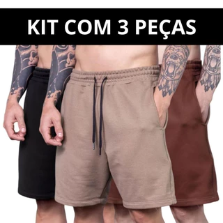 Kit 3 Bermudas de Moletom Shorts Com Elástico e Bolso Lateral Academia Treino Masculino