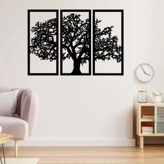 Quadro Decorativo Vazado Árvore da Vida 3 peças Preto MDF