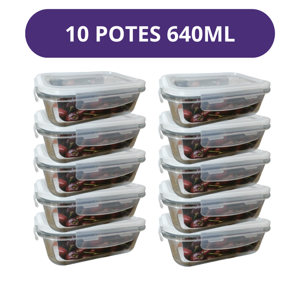 Kit 10 Potes Vidro 640ml Marmita Fitness Tampa Hermética 4 Travas Para Microondas e Freezer