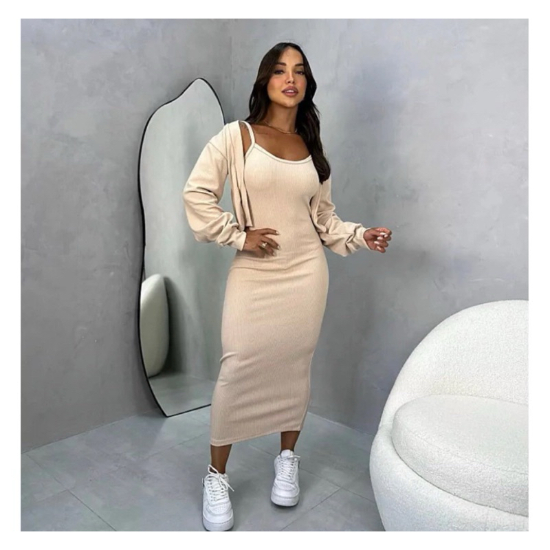 Conjunto Vestido Midi com Casaco feminino Moda outono/inverno