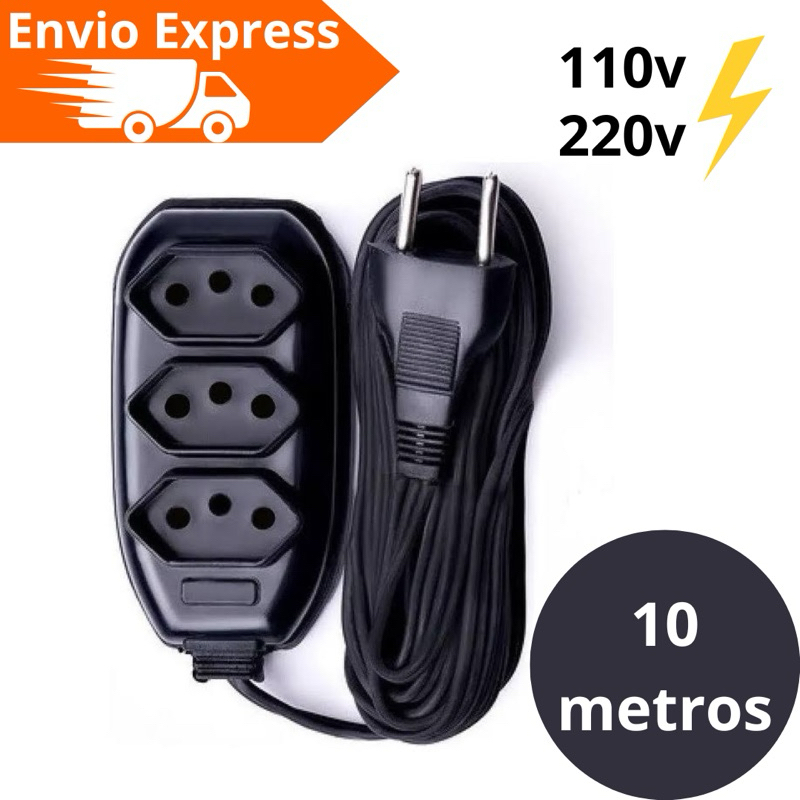 Extensão Elétrica 10 Metros 110/220v Bivolt Tripolar Cor Preta Resistente / Não Derrete / 3 Entradas
