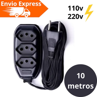 Extensão Elétrica 10 Metros 110/220v Bivolt Tripolar Cor Preta Resistente / Não Derrete / 3 Entradas