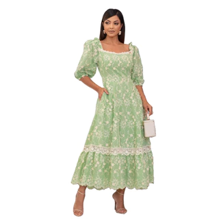 Vestido Midi Ivone Babados e Renda Manga Curta Princesa Laise Festa Madrinha CN