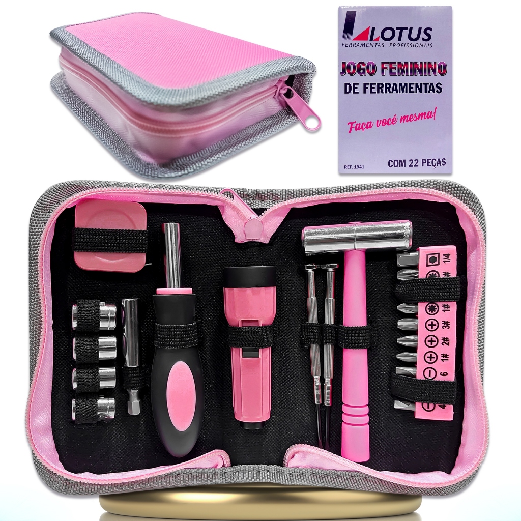 Kit Jogo Ferramentas Cor Rosa Feminino 22 Peças - Chaves & Outros