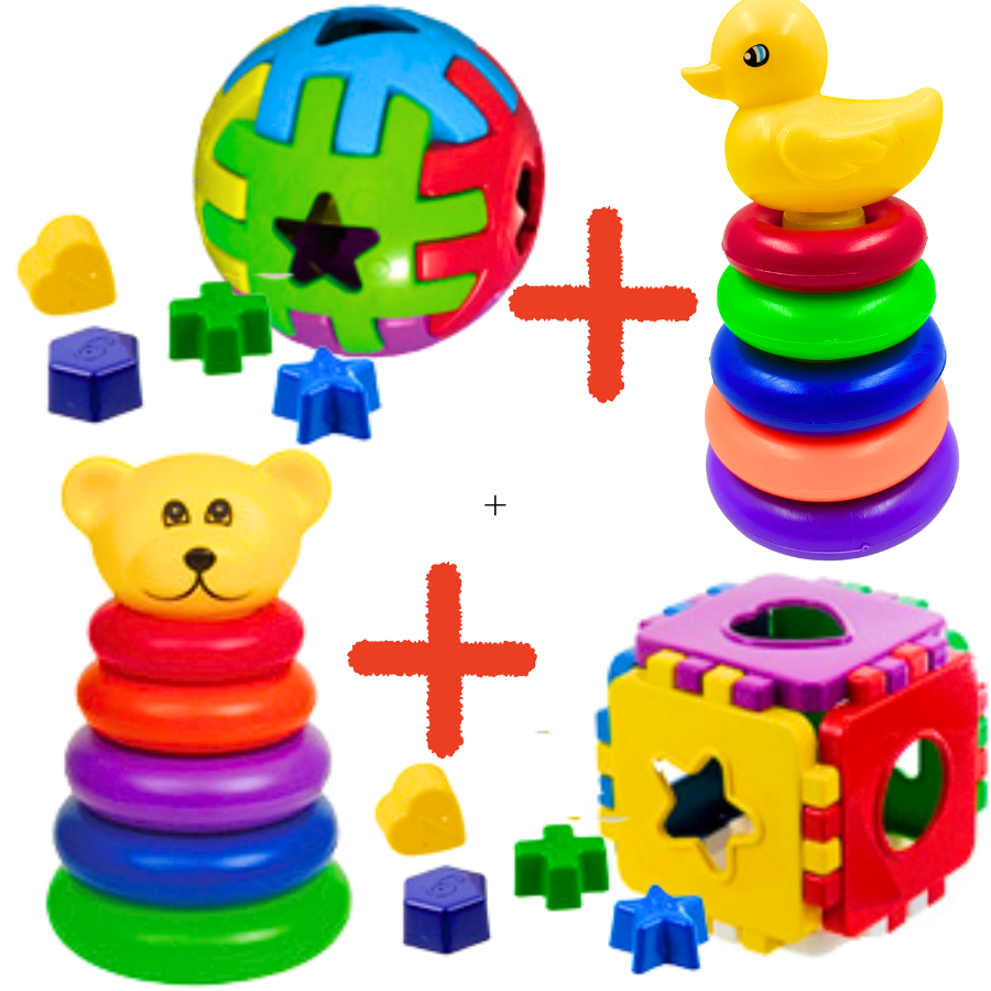 Kit Brinquedos Educativos Ursinho + Pato + Bola Didatica +Cubo Didático com Peças para Encaixar