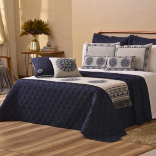 Kit Colcha Cobre Leito Casal Queen Turin 5 Peças Micropercal 180 Fios (Azul Marinho)