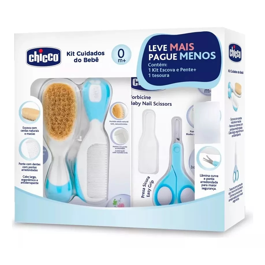Kit Chicco Cuidados com o bebê, escova, pente e tesourinha Azul ...