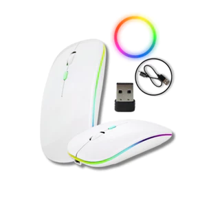 Mouse Sem Fio Branco USB Recarregável Wireles Led Rgb Cores Ergonômico Silencioso Envio Imediato