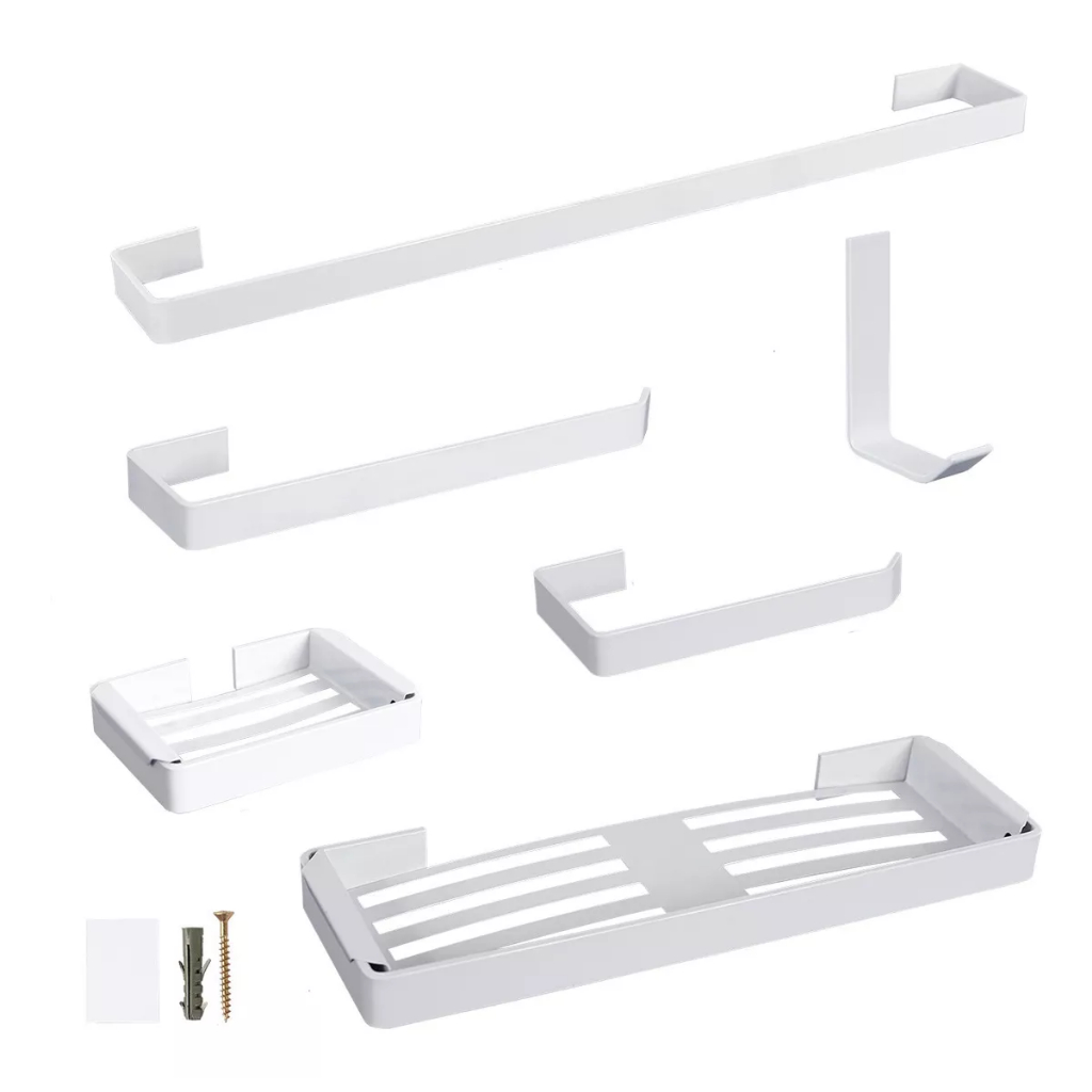 Kit De Acessórios Para Banheiro Alumínio Polido 6 Peças Cor Branco Completo Anti Ferrugem