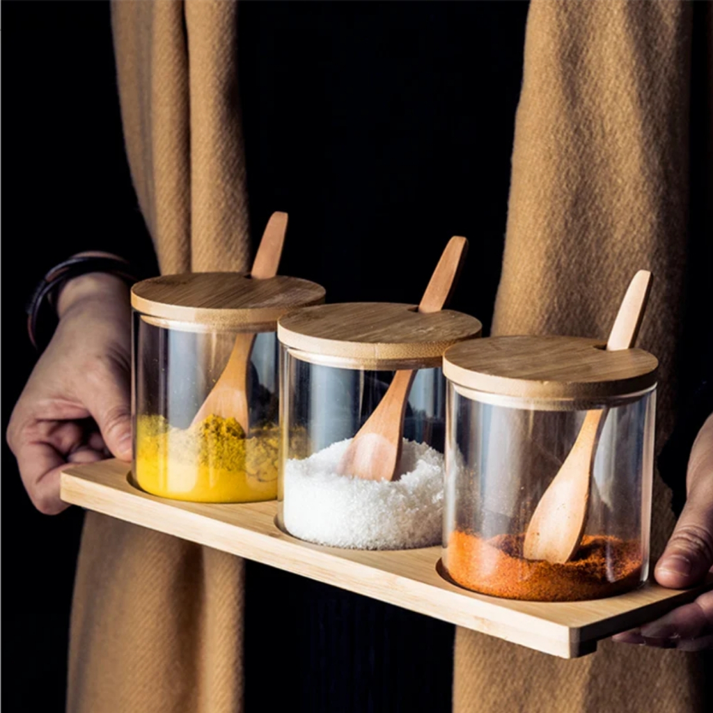 POTES 300-ML DE CRISTAL BOROSSILICATO VIDRO HERMÉTICO COM TAMPA E COLHER BAMBU REDONDO