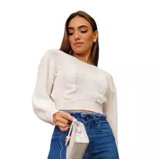 Blusa Feminina Manga Longa Cropped Tricot Trançada Manga Larga Bufante Sueter Tricot