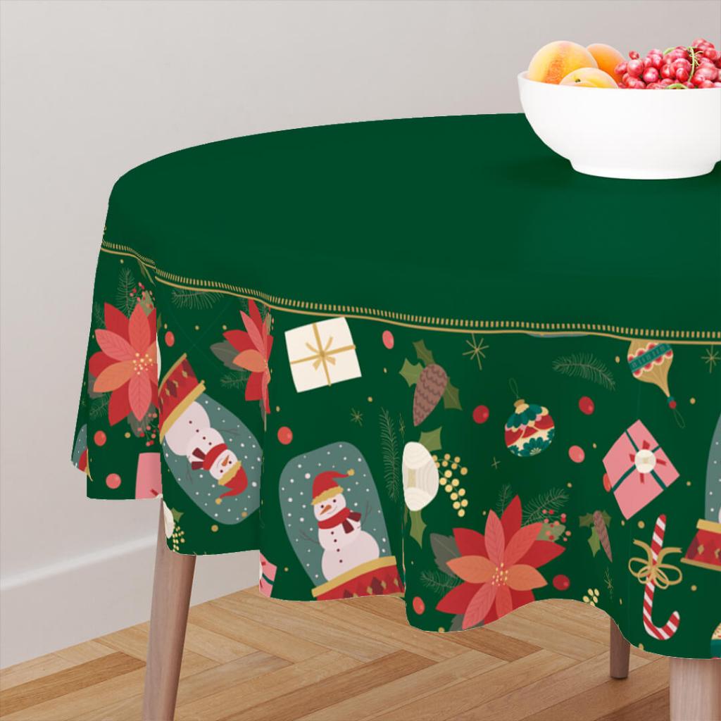 Toalha de Mesa Redonda Natalina para 4 Lugares Decoração Boneco de Neve