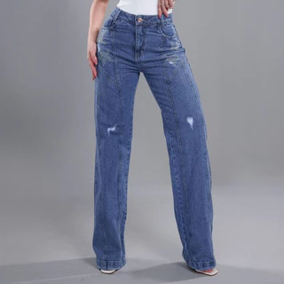 Calça Jeans Feminino Wid Leg Sem Lycra, Cintura Alta, Detalhe De Brilho Estrela, RVT.