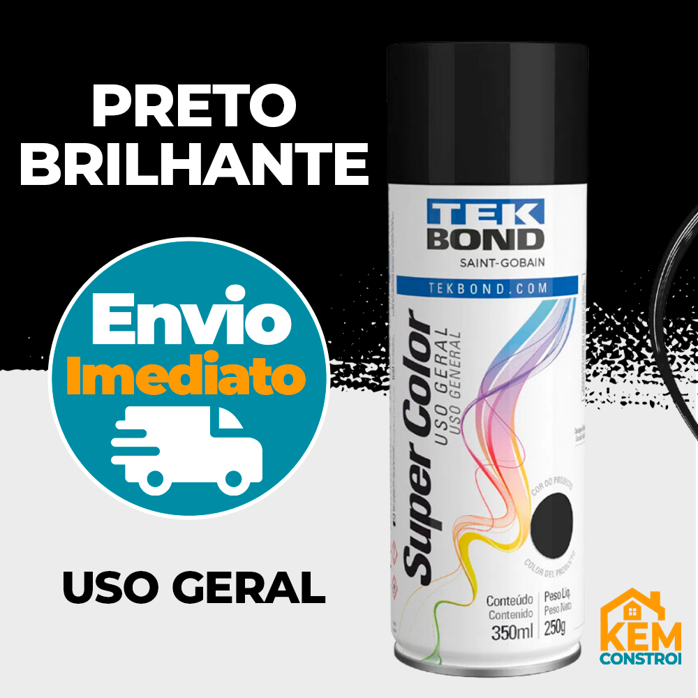 Tinta Spray Uso Geral 350ML Preto Brilhante Tekbond