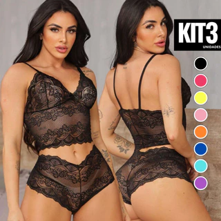 Kit 3 Espera Marido Conjuntos Marido Feminino Sensual sem Forro Sem Bojo Lingerie Baby Doll Sexy Calcinha e Sutiã