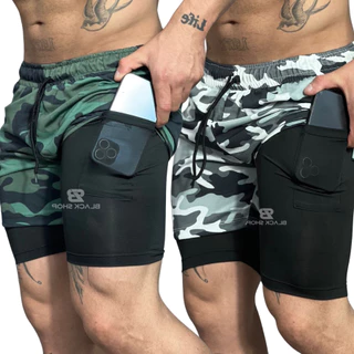 KIT 2 Short 2 em 1 Dry Fit CAMUFLADO Bermuda Compressão Academia Treino Corrida Com Elastano