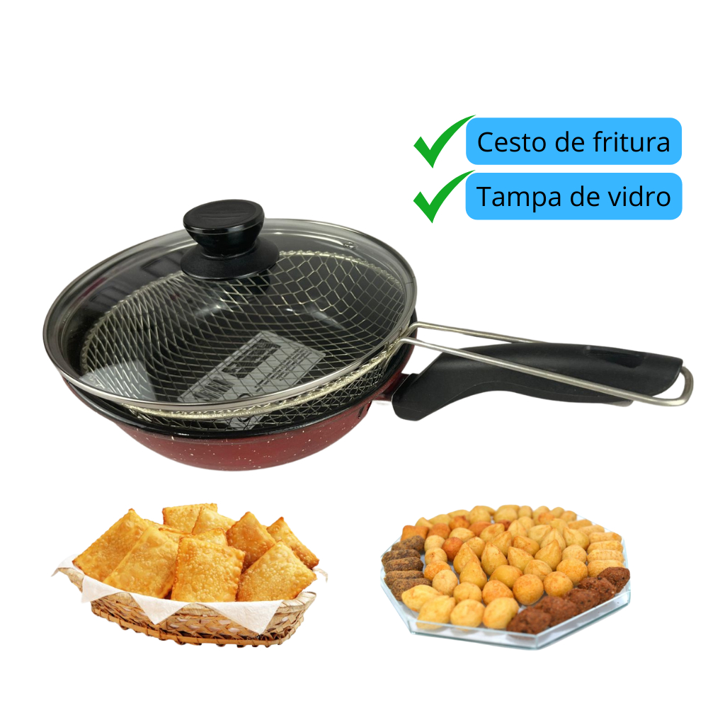 Panela Frigideira Esmaltada com cesto de fritura e tampa de vidro 1,8L ...