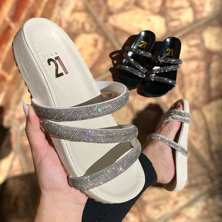 Sandália Papete Birken Luxo Com 3 Tiras strass - Solado Confortável Plataforma Flatform/ Ref P/062