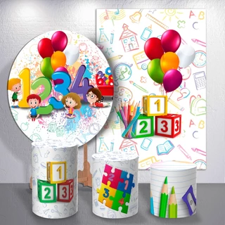 Painel de Festa Infantil Decoração ABC Capas Cilindros ou Painel Sublimado