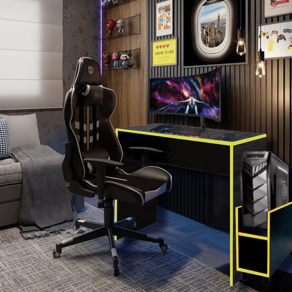 Escrivaninha Gamer Preto e Amarelo 90 Cm