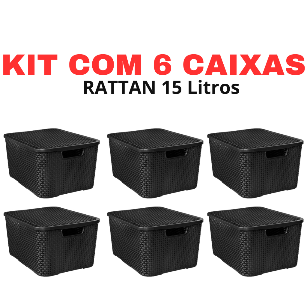 Kit com 6 Caixas Organizadoras 15L Com Tampa Rattan/Plasnew