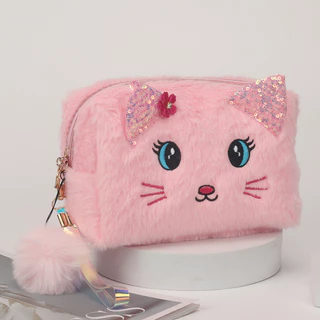 Bolsa Estojo Cosmética Com Design De Gato Fofo Com Pompom em Oferta na Shopee