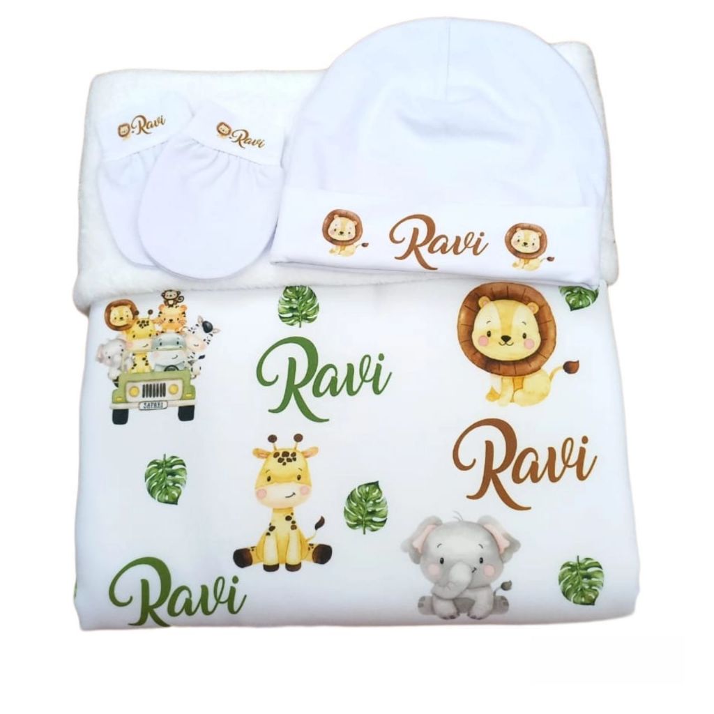 kit manta touca e Luvas personalizados com nome do bebê menino menina
