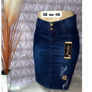 Saia Midi Jeans Evangélica Social Cintura Alta Lycra