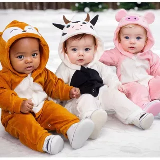 Macacão de Bebê em Plush com Capuz Bordado Animais Menino Menina