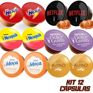 Kit 12 cápsulas Dolce Gusto Netflix Caramelo, Alpino, Nesquik, Nescau, Avelã e Doce de Leite Moça