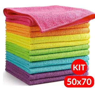 Kit Flanelas Microfibra 50x70 / 5 ou 10 Unidades / Cozinha Casa Automotivo Cores Sortidas / Pano