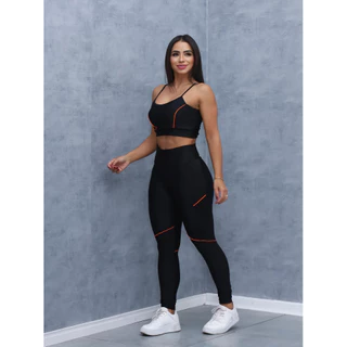 Conjunto de academia, calça e top, preta com linha laranja