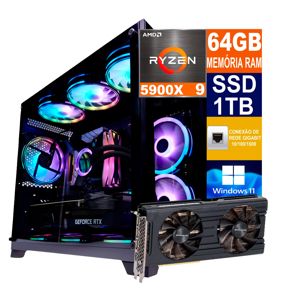 PC Gamer Cpu RYZEN 9 5900X / Ssd 1TB / 64GB Memória Ram DDR4