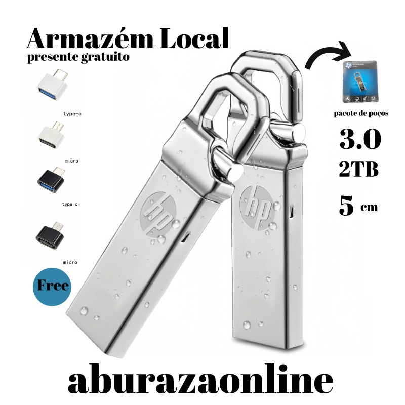 HP 3.0 2TB Pen Drive Metal impermeável de alta velocidade U Disco Flash Drive OTG