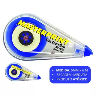 Kit com 12 Fitas Corretiva Masterprint 5mm x 6m Secagem Imediata Corretivo Escolar Escritório