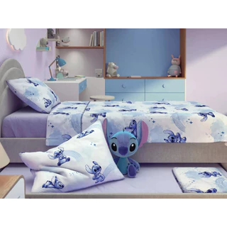 Jogo de Cama Lençol 100% Algodao Solteiro Stitch Com 3 pecas