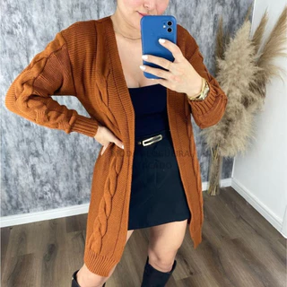 Cardigan Feminino de Tricô Manga Longa Trança Sobretudo Inverno Tecido Grosso casaco longo Max kimo