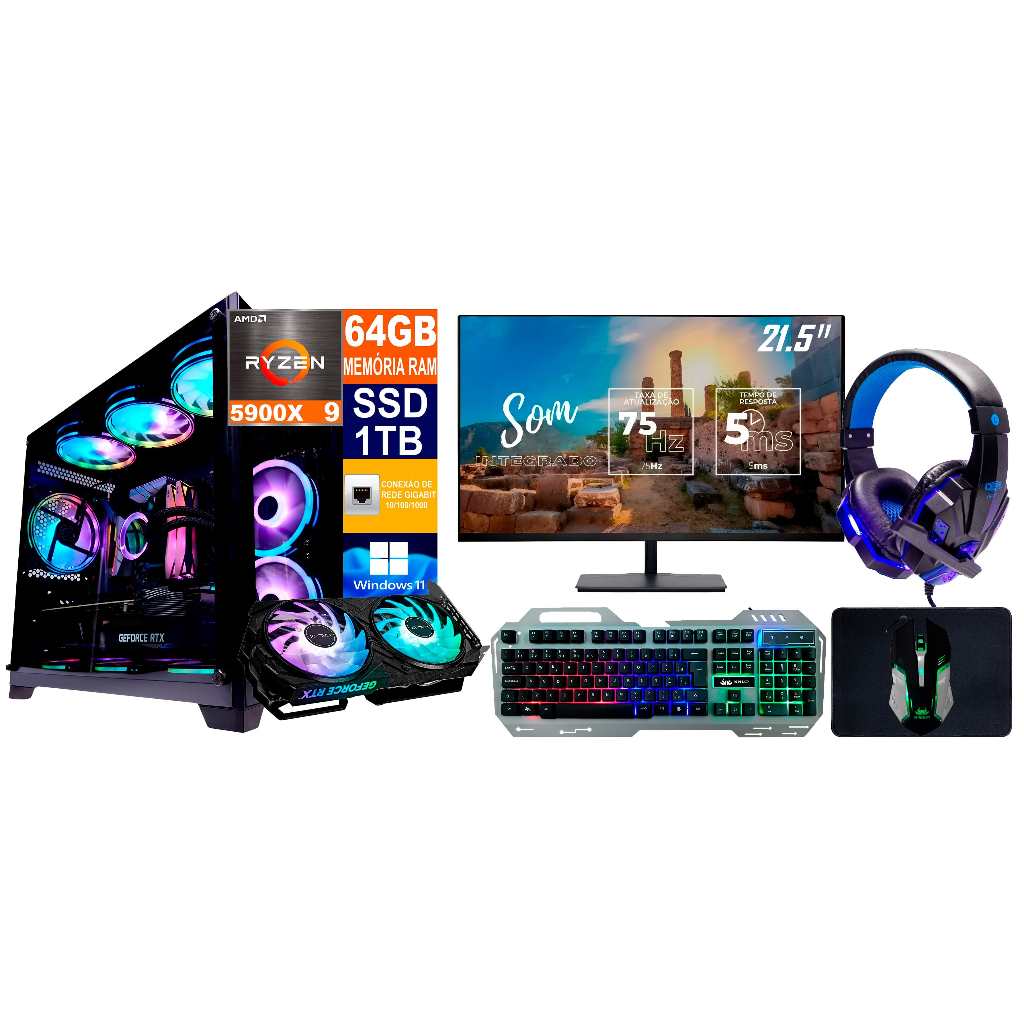 PC Gamer Cpu PC PC RYZEN 9 5900X / Ssd 1TB / 64GB Memória Ram DDR4 / Placa de Vídeo RTX 4060 8GB / Monitor 21.5p 75HZ Gamer + Teclado e Mouse / Fonte 700W / Windows 11