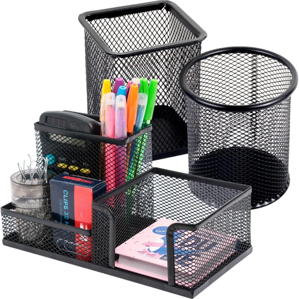 Kit 3 Porta Caneta Organizador de Mesa Escritório 5 Compartimentos Metal Aramado Com Divisórias Para Clip Lápis Bloco de Notas Tesoura Borracha