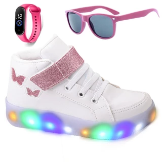 Kit Tenis Feminino Infantil Botinha Borboleta De Led Meninas Cano Alto + Óculos + Relógio Barato Macio Confortável
