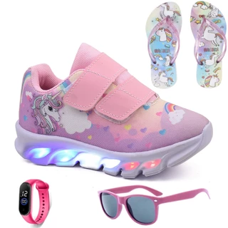 Tênis Infantil Feminino de Led Unicornio Menina Tira Colante com Chinelo Óculos e Relógio AtacDivi