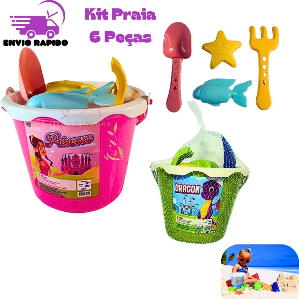 Baldinho de Praia Kit Balde Praia 6 Peças Castelinho Areia Infantil ...