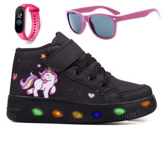 Kit Tênis Infantil Botinha De Led Cano Alto Unicórnio + Óculos + Relógio Barato Macio Confortável
