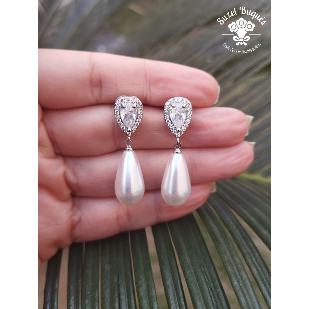 Brinco de Festa Prata Pérola Strass Noivas Casamentos